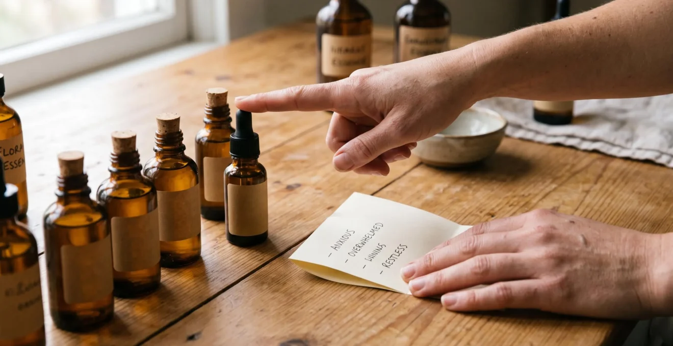 Des mains désignent un flacon d'élixir floral parmi plusieurs autres posés sur une table en bois.