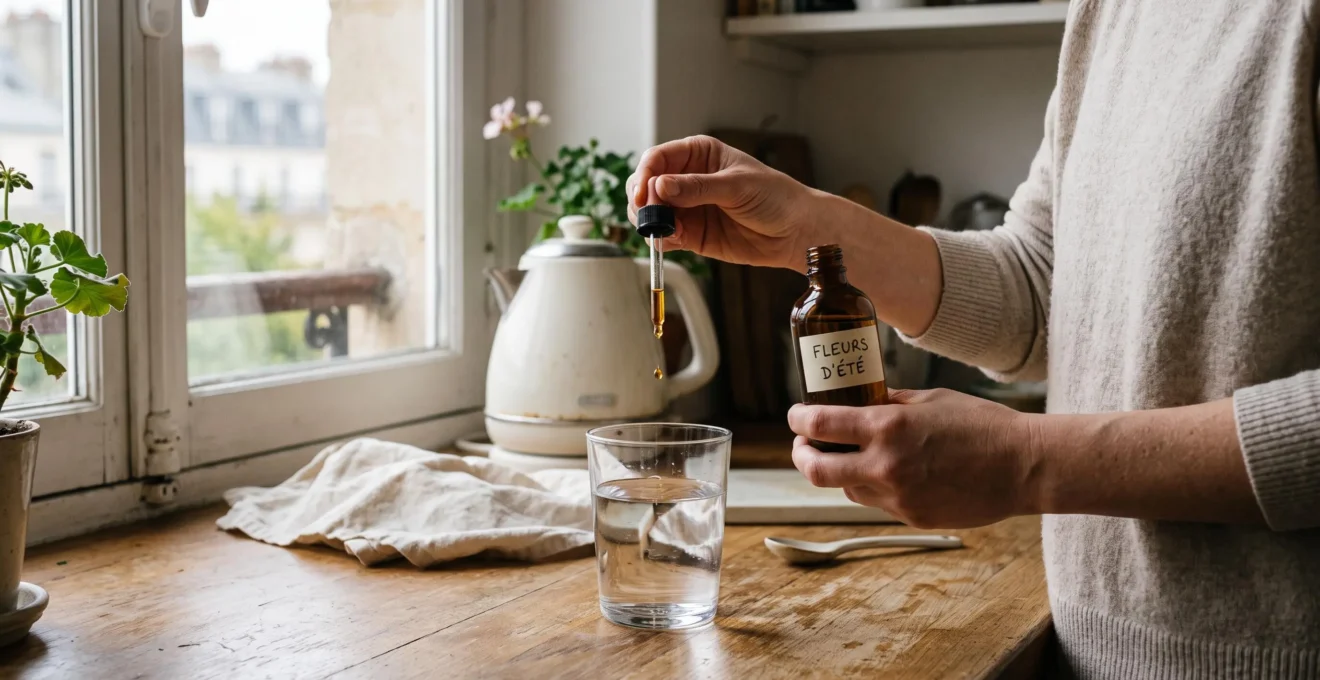 Une personne verse quelques gouttes d'élixir floral dans un verre d'eau sur un plan de travail de cuisine.